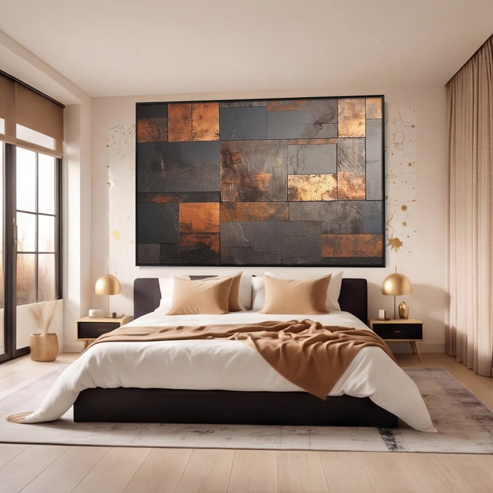 Tablou canvas cu tablou canvas cu placi geometrice metalice, in rama de aluminiu negru, pe perete intr-un dormitor